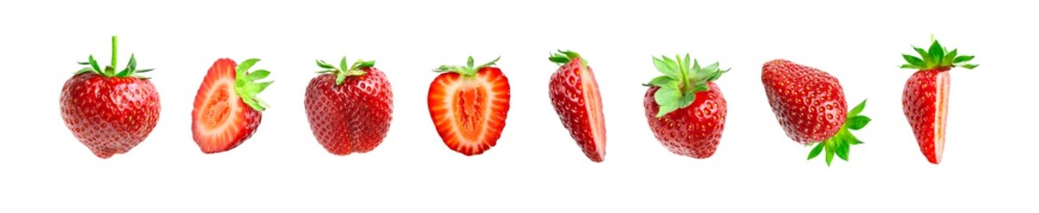 Ripe fresh red strawberry isolated on white background. Strawberry collection. Summer delicious sweet berry organic fruit, food, diet, vitamins, creative layout. Whole and chopped strawberries