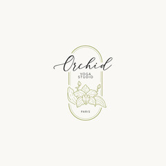 Hand drawn line art botanical vector logo design template. Illustration of elegant signs and badges for beauty, natural and organic products, cosmetics, spa and wellness, fashion, wedding agency.