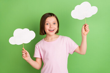 Photo of young little girl happy positive smile hold cloud bubble stick weather forecast isolated...