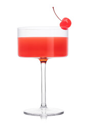Cosmopolitan cocktail in modern crystal glass with pink cherry on white.