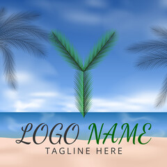 Fototapeta premium Letter Y Logo Simbols Green tropical coconut leaf with creative summer concept and Beach Background