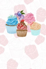 Illustration of a group of cupcakes on a patterned pink graphic background-advertising for a pastry shop