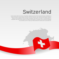 Switzerland flag, mosaic map on white background. Vector banner design, switzerland national poster. Cover for business booklet. Wavy ribbon with the swiss flag. State patriotic, flyer, brochure