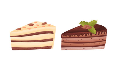 Cake Pieces with Creamy Layer as Yummy Dessert Vector Set