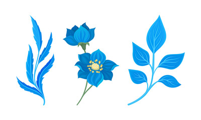 Blue Floral Twigs with Leaf and Floret on Stem Vector Set
