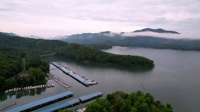 Aerial push in to Marina on Watauga Lake in East Tennessee, Not far from Kingsport Tennessee