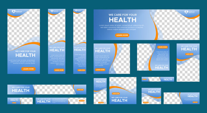 Set of Healthy Medical banners of standard size with a place for photos. Vertical, horizontal and square template. Vector illustration