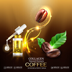 Coffee Collagen Serum  and Vitamin for Skincare and Cosmetic Products.