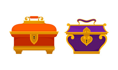 Gold Casket or Jewelry Box as Decorated Small Container Vector Set