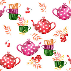 Autumn background with bright cups, teapots, rowan berries and leaves. Watercolor illustration.

