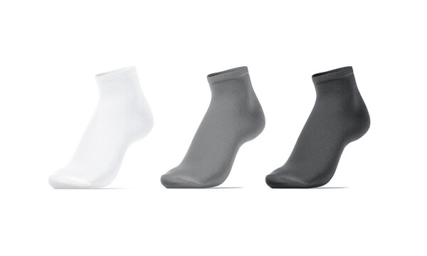 Blank white, grey, black ancle socks on tiptoe mockup, isolated