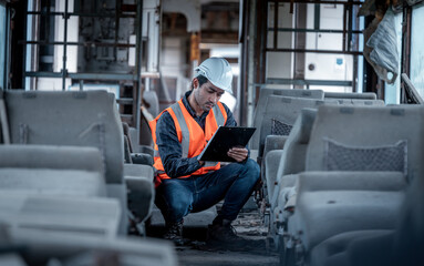 Railway engineer is checking passenger seats in trains to ensure travel safety by radio...