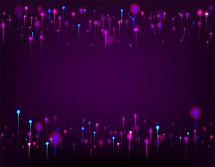 Purple Pink Blue Abstract Background. Big Data Artificial Intelligence Ethernet Technology Wallpaper. Bright Light Glow Particles. Network Scientific Banner. Fiber Optics Social Science Light Pins.