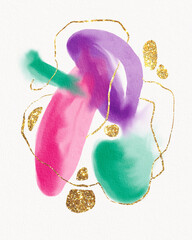 Watercolor abstract in delicate pastel colors with the addition of gold and lines. Textured paint strokes. Watercolour painting.