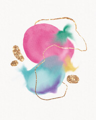 Watercolor abstract in delicate pastel colors with the addition of gold and lines. Textured paint strokes. Watercolour painting.
