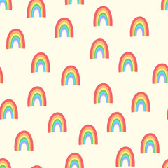 Trendy seamless pattern with colorful rainbow on color background. Design for invitation, poster, card, fabric, textile, fabric. Cute holiday illustration for baby. Doodle style