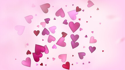Red, Pink Hearts Vector Confetti. Valentines Day Romantic Pattern. Beautiful Pink Frame Valentines Day Decoration with Falling Down Hearts Confetti. Trendy Gift, Birthday Card, Poster Background