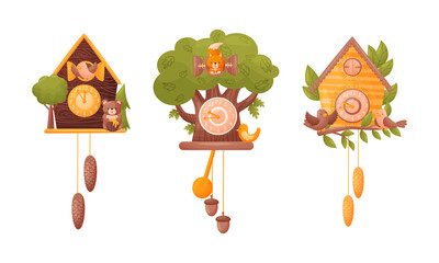Wooden Cuckoo Clock with Hanging Pendulum and Bird Vector Set