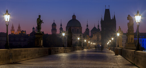 Fototapeta na wymiar Prague - The Charles bridge in morning dusk.