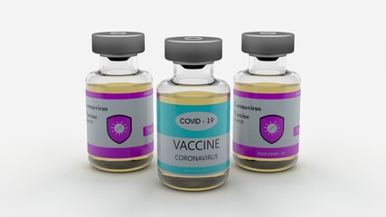 3d rendering of three glass vials of coronavirus vaccine. The bottles have different labels. The illustration is isolated on a white background. Information banner.