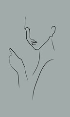 Abstract minimal line drawing of a young woman with hand gesture or finger gesture showing or holding something in profile. Nude natural minimalism and simplicity. Feminine digital design. Line art.