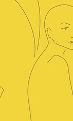 Simple line drawing of beautiful nude bald girl with butterfly wings. Half face portrait. Black contour over yellow background. Strict straight sight. Strong character. Minimal feminine concept.  - 438166125