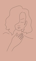 Young girl with Bob hair style and closed eyes touches her throat or neck. May be thankful gesture. Hand drawn digital line illustration. Nude background color. Minimal natural simple.