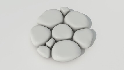 3d rendering of smooth stones, water-sanded pebbles. White stones above a white surface. Beautiful drawing of soothing shapes.