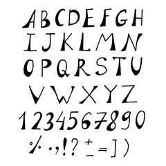 Intresting alphabet and numbers on white background. Vector image.