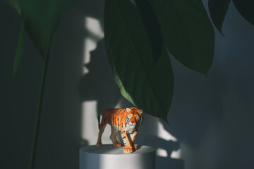 A tiger figurine among the leaves, a symbol of the 2022 Chinese New Year.