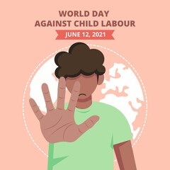 World day against child labour background with a child working in a construction field says no to child labor. Flat style vector illustration concept of anti child exploitation campaign.