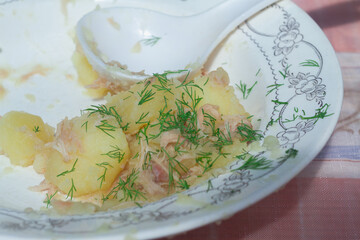 Boiled potatoes with stewed meat sprinkled with green dill lie on a plate for eating