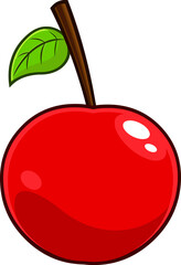 Cartoon Cherry Fruit With A Leaf. Vector Hand Drawn Illustration Isolated On Transparent Background