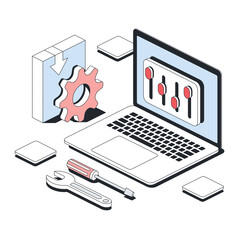Laptop mixer settings, application installation, gear settings, tools. Vector 3d line isometric, color web icons, new flat style. Creative design idea for infographics.