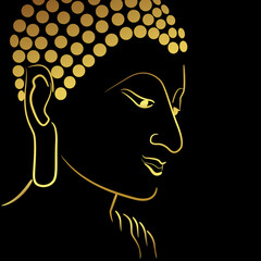 Golden buddha head with golden border element isolate on black