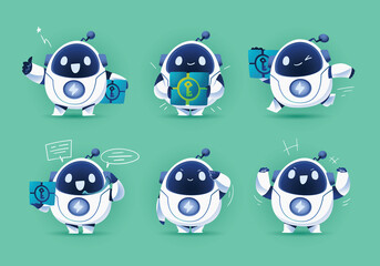 set of white fat modern robot mascot character delivery object