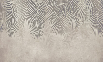 Palm leaves, palm branches, abstract drawing, tropical leaves. Mural for wall. Fresco, art,  grunge.