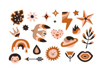 Set of isolated stickers. Girly cute simple geometric retro style. Prints and social network illustrations. Bird, monstera leaf, rainbow, thunder, stars, sparkles, planets, plants, drop, heart, fire. 