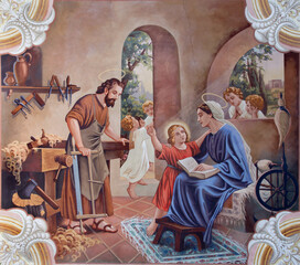SEBECHLEBY, SLOVAKIA - AUGUS 8, 2013:Holy Family. Fresco from year 1963 by Jozef Antal in st. Michael parish church - obrazy, fototapety, plakaty