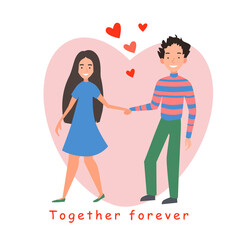 A postcard of a couple in love. Valentines Day, hearts, flat cartoon characters. Vector illustration.