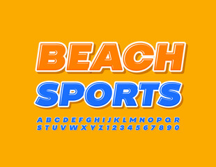 Vector creative banner Beach Sport. Blue Alphabet Letters and Numbers set. Bright modern Font