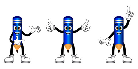Mascot colorful pencil character waving posing doing different actions with cheerful expression isolated
