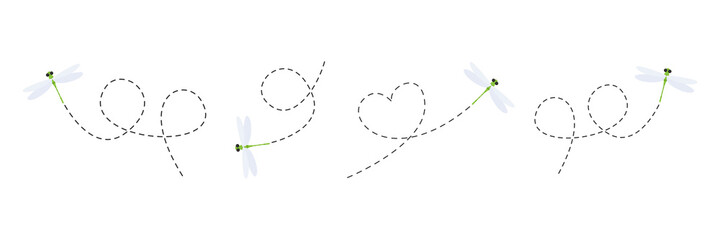 Cute dragonflies with dotted line route set. Green dragonfly fling collection. Vector illustration isolated on white