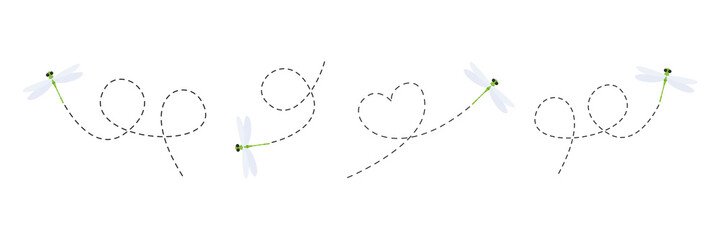 Cute dragonflies with dotted line route set. Green dragonfly fling collection. Vector illustration isolated on white © Віталій Баріда