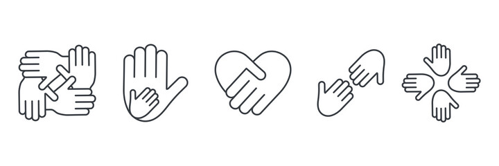Friendship arms line symbols collection. Business teamwork pictogram. Black outline hands together set. Global unity concept. Vector illustration isolated on white background