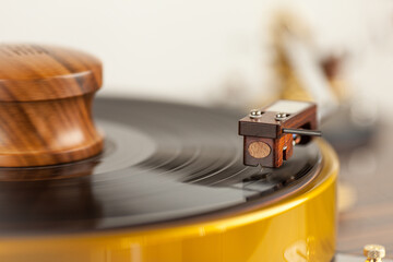 HI-FI  vintage turntable playing a vinyl record. Analogue sound music . White background
