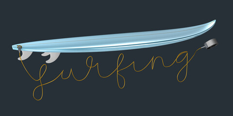 The leash of a surfboard forms the lettering Surfing over a blue surfboard - 3d illustration