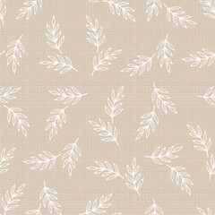 Leaf Branch. White Leaves Vector Seamless Pattern. Floral Brown Background with Imitation Linen Burlap Texture.