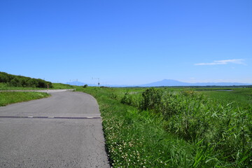 View around parking area at Lake Tofutsu viewpoint in Hokkaido, Japan.