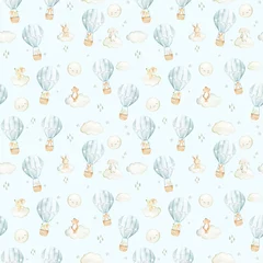 Crédence de cuisine en verre imprimé Montgolfière Hot air balloon  watercolor woodland animals pattern illustration